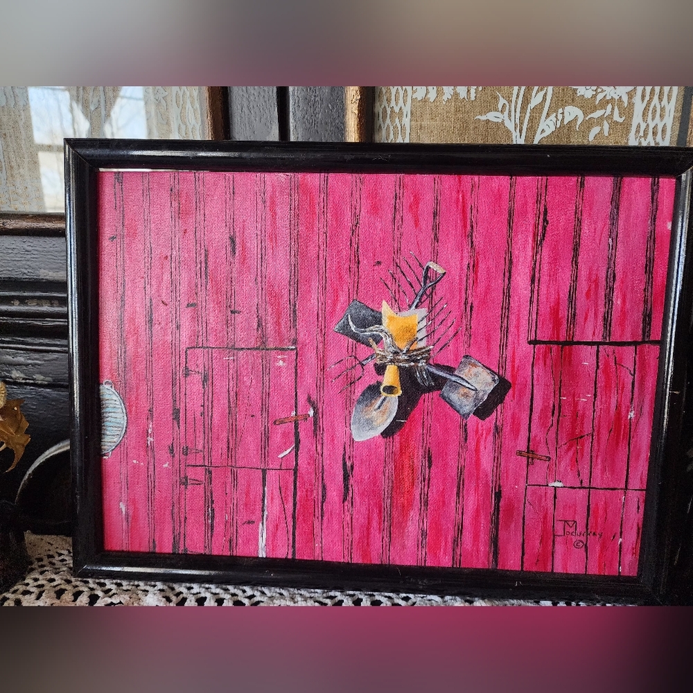 One of a Kind Art on Canvas 10"x 14" Titled "Tools of the Trade" Red Barn